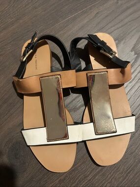 Zara Tan, White & Black Sandals with Gold Plate Detail